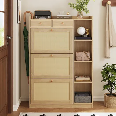 Immagine prodotto di Armadio stretto per scarpe, dimensioni 90x24x130 cm, con 3 ante a battente, 2 cassetti e ripiani aperti laterali, colore naturale, realizzato in pannello di particelle di legno al 100%