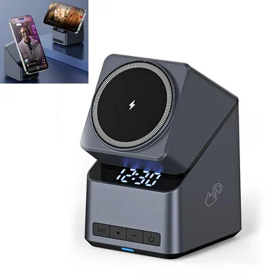 Produktbild von 4-in-1-Ladestation, MagSafe-kompatibel, 15W Schnelllade-Dockingstation mit LED-Uhr und verstellbarem Metall-Handyständer