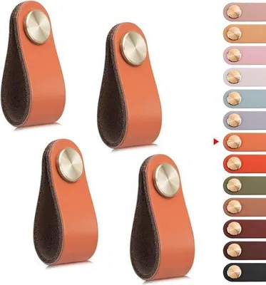 Image de Poignées en cuir - 4 pièces - 14 × 2,5 × 0,3 cm - vis de 2,2 mm - poignées tournantes pour coffrets - poignées de tiroir en cuir - pour coffrets, armoires, cuisines, salles de bains - poignée à un trou - poignées en cuir et laiton