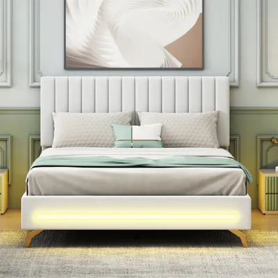 Produktbild von Polsterbett Doppelbett 140 x 200 cm, mit LED-Leuchten und Lattenrost Samtstoff, Verstellbarem Kopfteil, für Erwachsene und Jugendliche