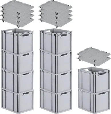 Produktbild von SparSet 10x Eurobox NextGen Economy mit Auflagedeckel und 4x Schiebeschnappverschlüsse Schwarz | Griffe offen | HxBxT 32x30x40cm | 30 Liter | Eurobehälter, Transportbox, Transportbehälter, Stapelbehälter