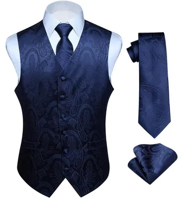 Productafbeelding van Herenset: Vest, das, zakdoek, maat 3XL, marineblauw, jacquardzijde