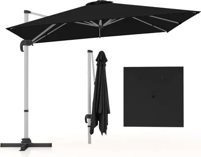 A black rectangular cantilever umbrella is shown in an open state, a folded state, and as a flat square shape, all against a white background.