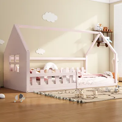 Image de OKWISH Lit simple 90x200 cm, Lit cabane avec barrières de sécurité, Rose