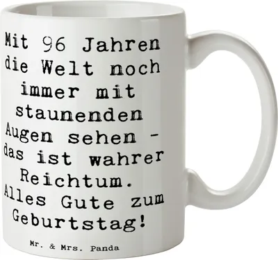 Produktbild von Mr. & Mrs. Panda Kaffeebecher Spruch 96. Geburtstag Freude - Weiß - Geschenk, Becher, Trinkbecher, Kaffeetasse, Geschenktasse, 96 Jahre, Alter, Abenteuer, feiern, Tasse