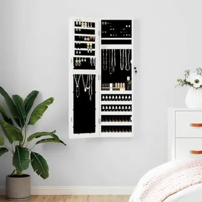 Produktbild von Schmuckschrank mit Spiegel Wandmontage Weiß 30x8,5x106 cm, Schmuckaufbewahrung mit abschließbarer Tür und 2 Schlüsseln, großer Spiegel, Haken und Ablagen aus Holzwerkstoff