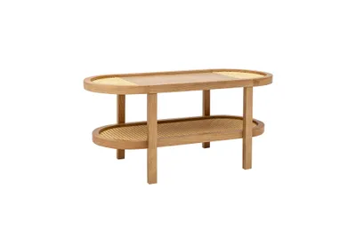 A wooden coffee table with two shelves, presented on a white background.