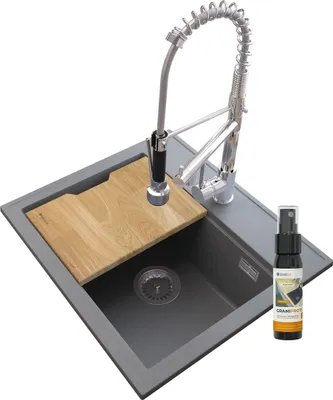 Produktbild von Foxal Grau Granit Waschbecken + Spiral Duo Chrom Wasserhahn