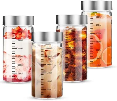 Productafbeelding van Set van 4 glazen flessen 300 ml met deksel - Herbruikbare BPA-vrije sapflessen