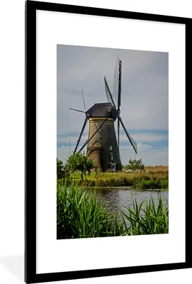 Produktbild von MuchoWow® Gerahmtes Poster Windmühle in Kinderdijk-Elshout 60x90 cm - Poster mit Schwarzem Bilderrahmen Wandposter Rahmen Foto Bilder - Dekoration - Wandposter Wohnzimmer - Hochwertig
