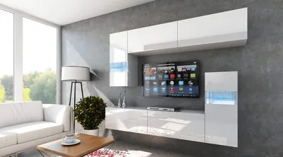 Produktbild von Furnitech Wohnwand Wohnzimmer - Wohnzimmer Möbel mit LED Weiß - Hängend Wohnwand Modern - Regale und TV Schrank (Future C31/HG/W2 1B)