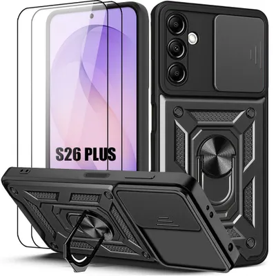 Image de Coque + 2 Verres Trempés pour Samsung Galaxy S26 Plus, avec Anneau et Protection Caméra - Noir