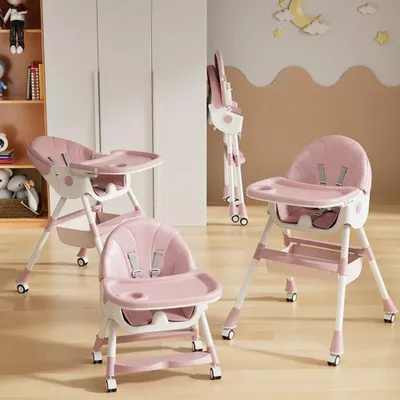 Produktbild von Hochstuhl Baby - Kinder Hochstuhl - Höhenverstellbar - Klappbar - Liegefunktion mit Esstablett - Rollen - Rosa