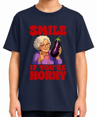 Immagine prodotto di Maglietta divertente con scritta "Sorridi se sei eccitato", design con melanzana, regalo ironico e sarcastico, taglia 140, colore blu navy