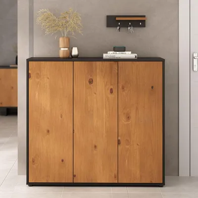 Produktbild von Schuhschrank MIRAN mit 3 Türen, Schwarz/Eiche Finish - Platzsparender Schuhorganizer, Schuhregal Schmal, Schuhaufbewahrung aus Holz, Ideal für Flur und Ankleideraum, Stauraum für ca. 25 Paar Schuhe