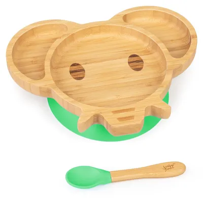 Image de Vaisselle pour enfants Assiette et cuillère en bambou 250 ml, ventouse incluse 18 x 18 cm, Couleur:Vert, Variante:Eléphant