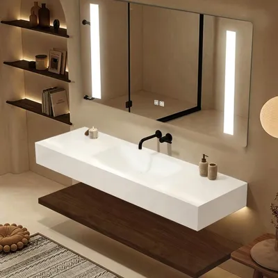 Produktbild von Badezimmer Waschbecken-Set mit LED-Spiegel - Sinterstein - Waschbecken, Ablage und Ablaufgarnitur, pflegeleicht, 120 × 55 cm【R344】