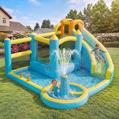 Produktbild von Aufblasbare Hüpfburg Wasserpark mit Gebläse, Rutsche+Trampolin+Springbrunnen+Planschbecken, 430x390x210cm, Oxford-Gewebe, für Kinder 3–10
