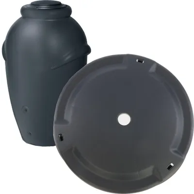A dark gray lid and a dark gray rain barrel are shown against a white background.