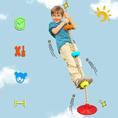 Produktbild von Unyqoos® Kletterseil mit Tellerschaukel für Kinder – 2 m, bis 200 kg, Sitz Ø 30 cm, Indoor & Outdoor, mit abschließbarem Metallring und schwarzem Sicherheitsgurt