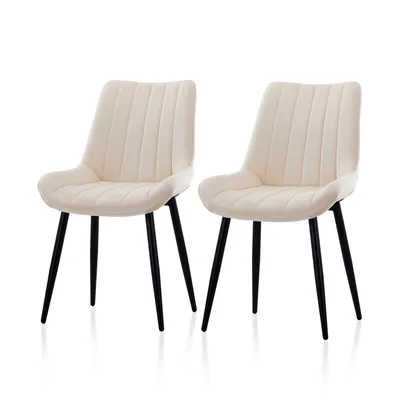 Two beige upholstered chairs with black metal legs are shown against a white background.
