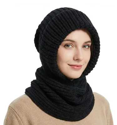 Produktbild von Strickmütze Damen Thermo Winter Beanie mit Fleece gefüttert Kapuzenschal Schwarz