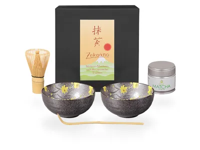 Produktbild von Matcha Set / Matchaset / 2x Matcha Schale 250ml, anthrazit/gelb, mit Besen/Löffel/Tee in Geschenkbox