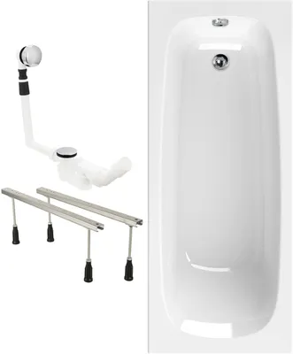 Produktbild von Calmwaters® Badewannen-Set 180x80 cm Original,  EU, 3in1 Acryl-Badewanne mit Wannenfüßen & Ablaufgarnitur, ergonomische Körperform-Wanne komplett Set, 180 x 80 cm, Weiß