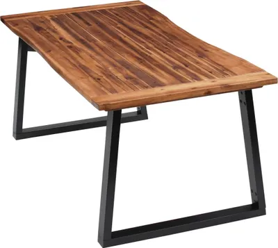 A wooden dining table with black metal legs, shown from a slightly elevated angle against a white background.