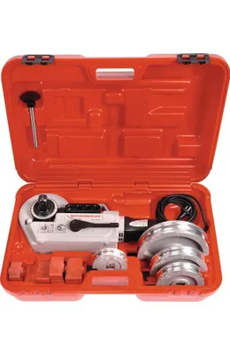 A pipe bending tool set is displayed inside its orange carrying case.