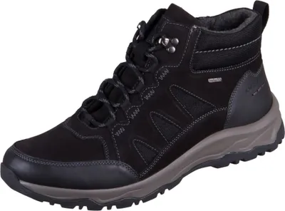 A black and gray men's boot is shown against a white background.