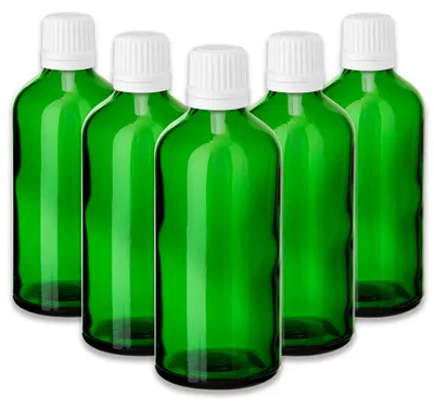 Produktbild von 5x Grüne Glasflasche 100 ml mit weißem Tropfeinsatz - Tropfen leer Set