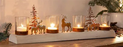 Produktbild von Lichterboard "Winterlandschaft" aus Holz für 4 Kerzen, Teelichthalter, Adventskranz, Teelichtgläser, Adventsdeko