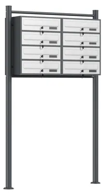 Produktbild von Wiltec 8er Briefkastenanlage Weiß/Anthrazit 945 x 270 x 1500 mm, Standbriefkasten mit 2x4 Fächern, Schlüssel und Namensschild, Briefkasten Postkasten mit Ständer