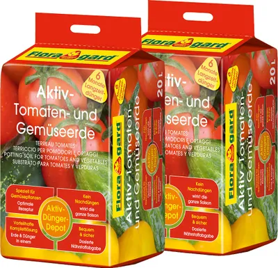 Produktbild von 2 x 20L Floragard Aktiv Tomatenerde, Gemüseerde mit Aktiv Düngerdepot, Guano und Aqua Plus