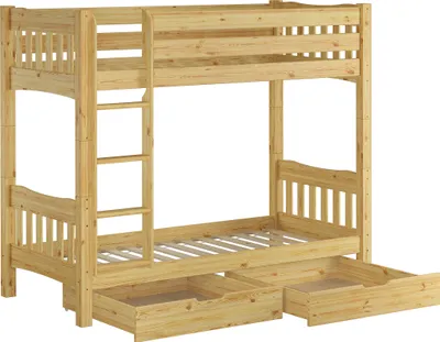 Produktbild von Etagenbett hohes Bett Kiefer natur Massivholz 90x200 cm Zubehör wählbar V-60.15-09Ni100 Rollrost und Doppelbettkasten inkl.