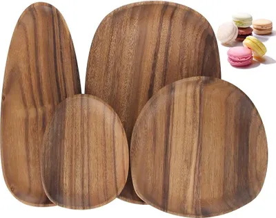 Produktbild von Servierplatten - Set von 4 - unregelmäßige runde Holzschalen und Teller - Snacks, Käse, Vorspeisen, Dessert, Sushi, Obst, Salat - Holzplatten Servierbrett.