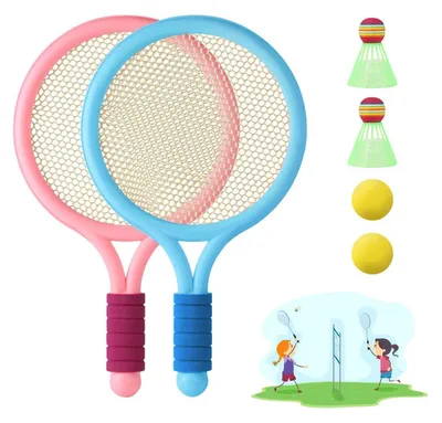 Immagine prodotto di Set per badminton e tennis per bambini, rosa e blu. Include 2 racchette da tennis, 2 palline da tennis, 2 palline da badminton, realizzate in PVC
