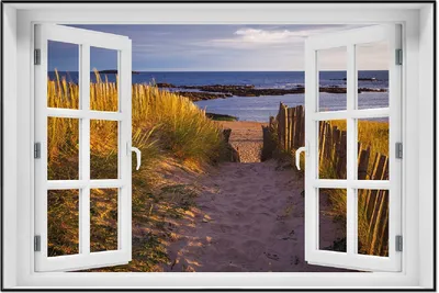 Produktbild von Wallario Wandbild mit Fenster-Illusion: Weg durch die Dünen zum Meer an der Küste, Größe: 61 x 91,5 cm, Poster mit schwarzem Aluminiumrahmen