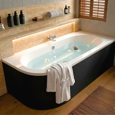 Produktbild von AQUA for you | Badewanne - BESCO AVITA - Eckbadewanne - 150x75 cm - RECHTS - Schwarz - mit Schürze, Füßen, Ablaufgarnitur, Rechteck Badewanne
