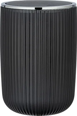 A close-up studio shot of a black trash can with a ribbed texture and a silver rim.