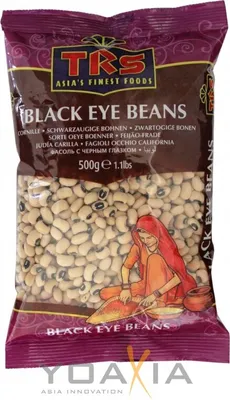A bag of black eye beans with a graphic of a woman in traditional Indian attire.
