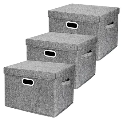 Produktbild von Große Aufbewahrungsbox mit Deckel, Stoff, faltbar, waschbar, 44x30x29 cm, 3 Stück, Grau