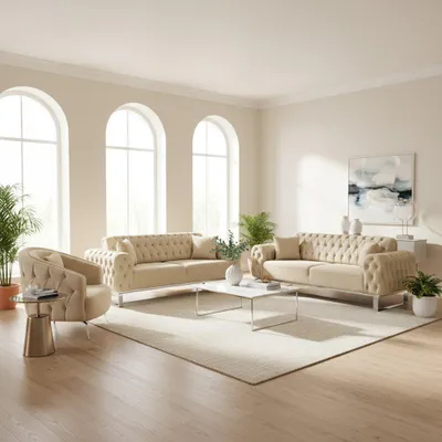 A living room setting with a sofa set, coffee table, and plants.