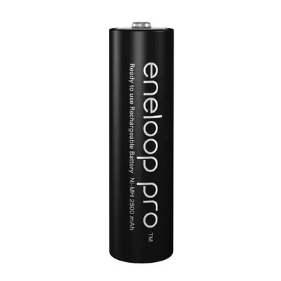 A single black AA battery with white text on a white background.