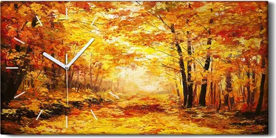 Produktbild von Wanduhr Uhr Wandbild Leinwand Geräuschlos 60x30 Herbst Bäume Wald blätter - weiße Hände