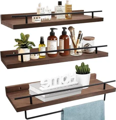 Immagine prodotto di Mensola a muro in legno portata 20 kg marrone - mensola a 3 pezzi con portasciugamani - 5 x ganci - mensola galleggiante 40 cm - per bagno cucina camera da letto