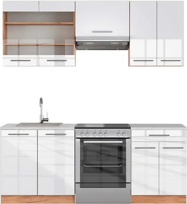 Produktbild von Küchenzeile Vicco Fame-Line Weiß Hochglanz/Goldkraft Eiche 200 cm , AP Marmor, Model 42382
