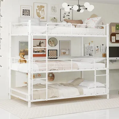 Immagine prodotto di Letto a castello triplo 90x190 cm per 3 posti letto, struttura in metallo con sponde di sicurezza a tutta lunghezza, scala integrata, doghe metalliche robuste e base antiscivolo