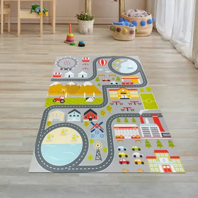 Produktbild von Kinderzimmerteppich rutschsicher mit Städtemuster in Grau Größe - 80 x 150 cm